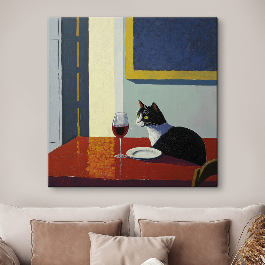 Chat assis à une table avec un plat et une assiette Chat assis à une table avec un plat et une assiette
