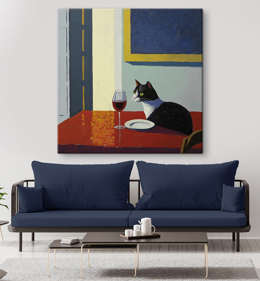 Chat assis à une table avec un plat et une assiette Chat assis à une table avec un plat et une assiette