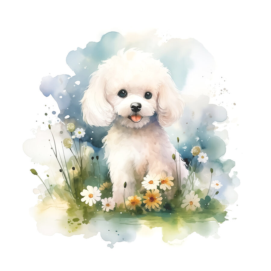 Chien blanc assis dans un champ de fleurs
