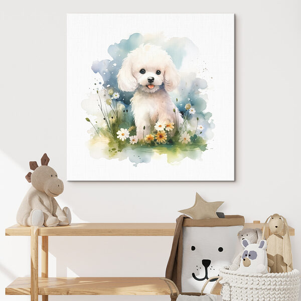 Chien blanc assis dans un champ de fleurs Chien blanc assis dans un champ de fleurs