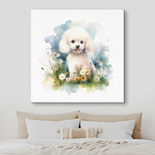 Chien blanc assis dans un champ de fleurs Chien blanc assis dans un champ de fleurs