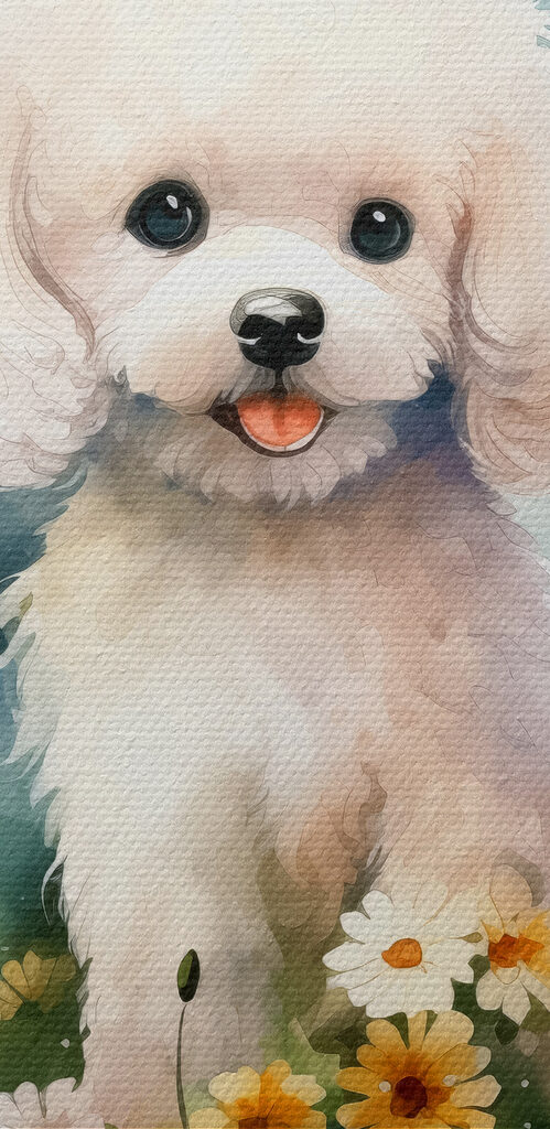 White dog sitting in a field of flowers