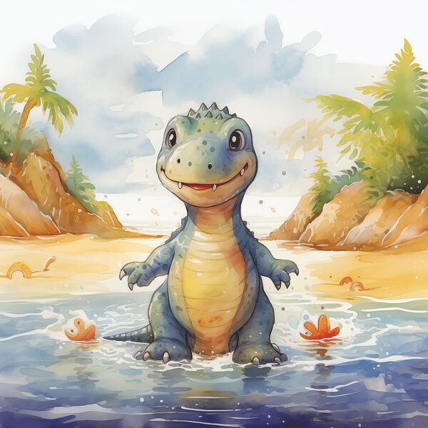 Dessin humoristique d'un dinosaure dans l'eau Dessin humoristique d'un dinosaure dans l'eau
