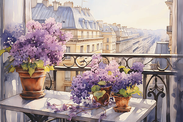 Aquarelle d'un balcon avec des fleurs violettes s39931p 600x400 - Aquarelle d'un balcon avec des fleurs violettes