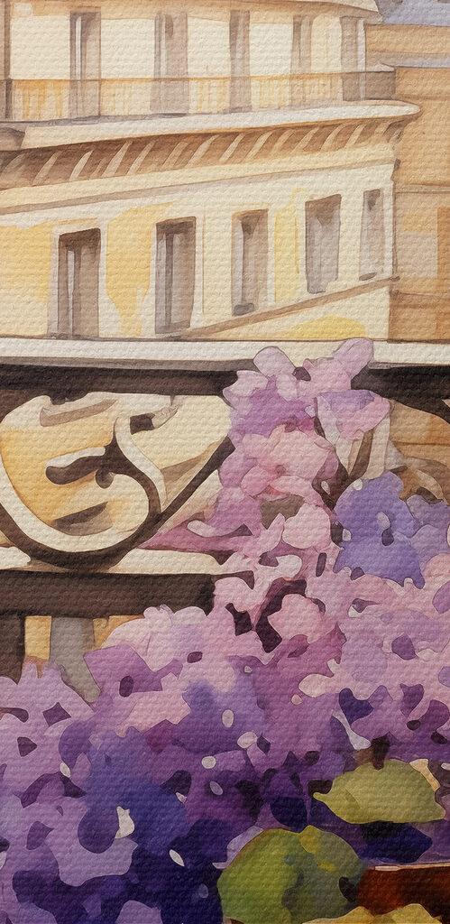 Aquarelle d'un balcon avec des fleurs violettes s39931pzvl 499x1024 - Aquarelle d'un balcon avec des fleurs violettes