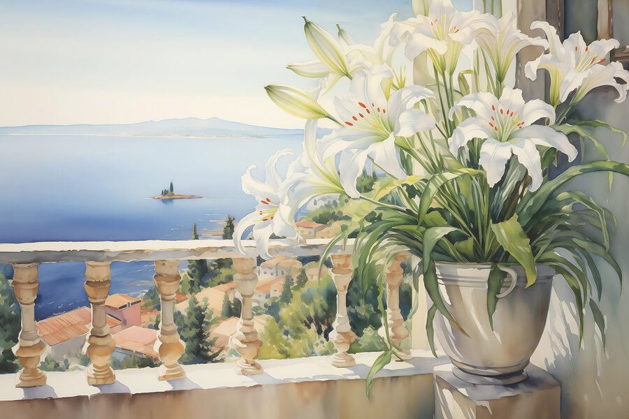 Tableaux Peinture d'un balcon avec vue sur la ville et la mer – Image 8