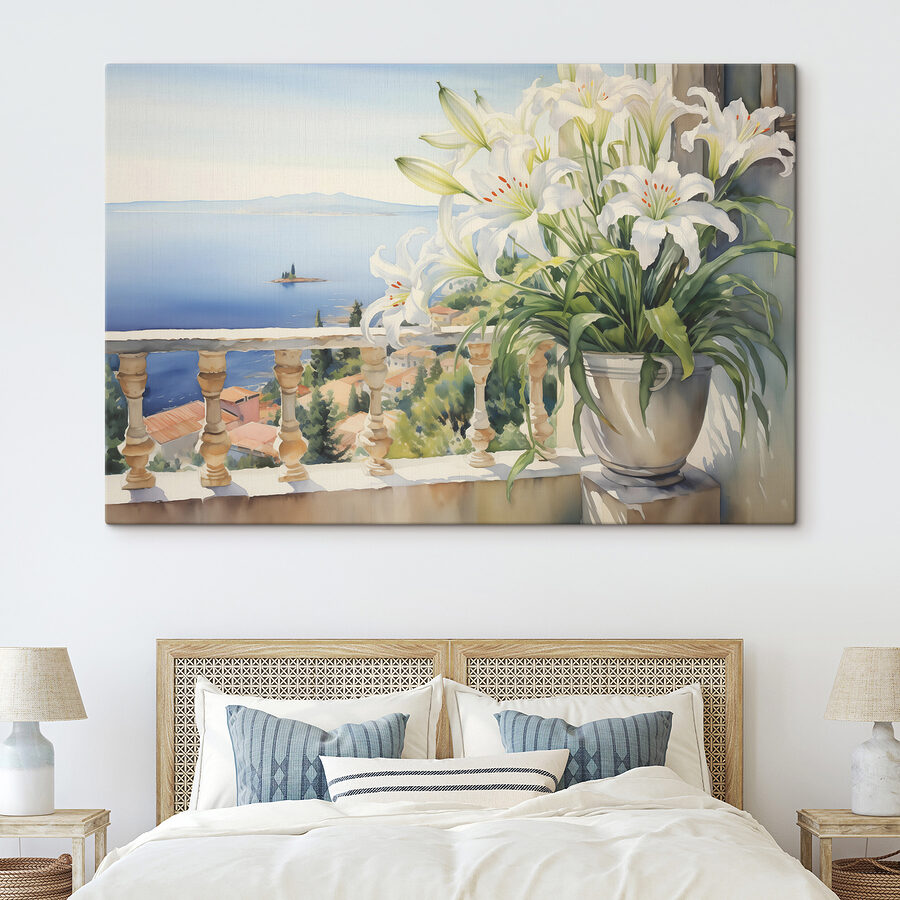 Tableaux Peinture d'un balcon avec vue sur la ville et la mer