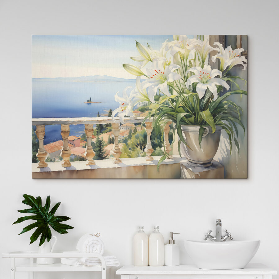 Tableaux Peinture d'un balcon avec vue sur la ville et la mer – Image 2