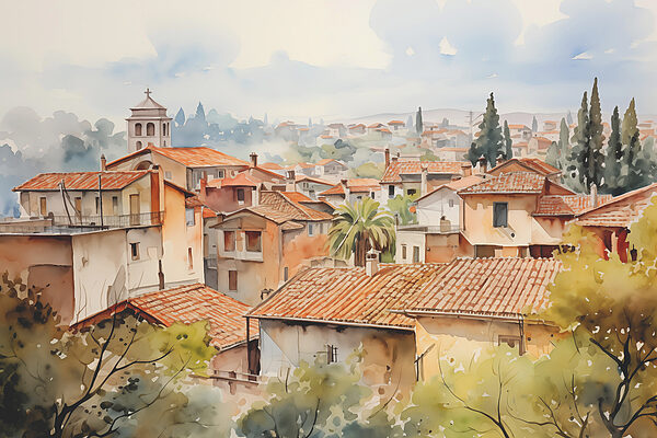 Watercolor of a town with many buildings and trees