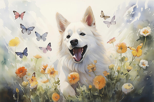 Chien blanc avec des papillons dans un champ de fleurs Chien blanc avec des papillons dans un champ de fleurs