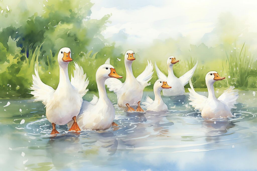 Group of white ducks swimming in water