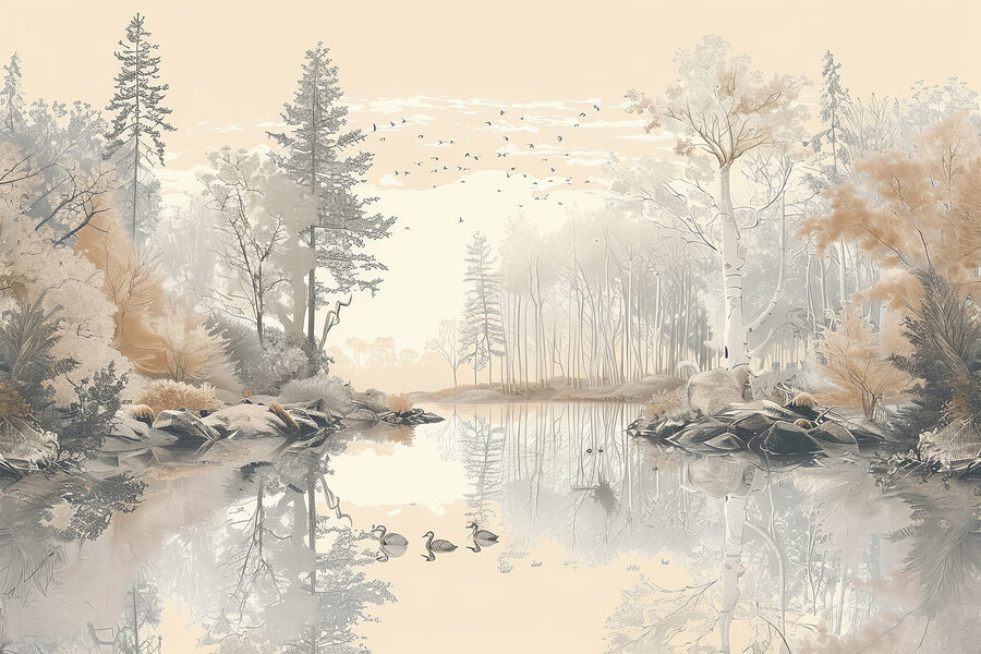 Lac avec arbres et oiseaux