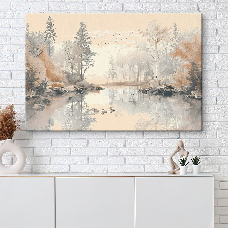 Lac avec arbres et oiseaux
