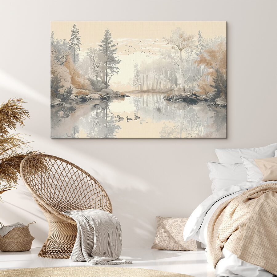 Lac avec arbres et oiseaux