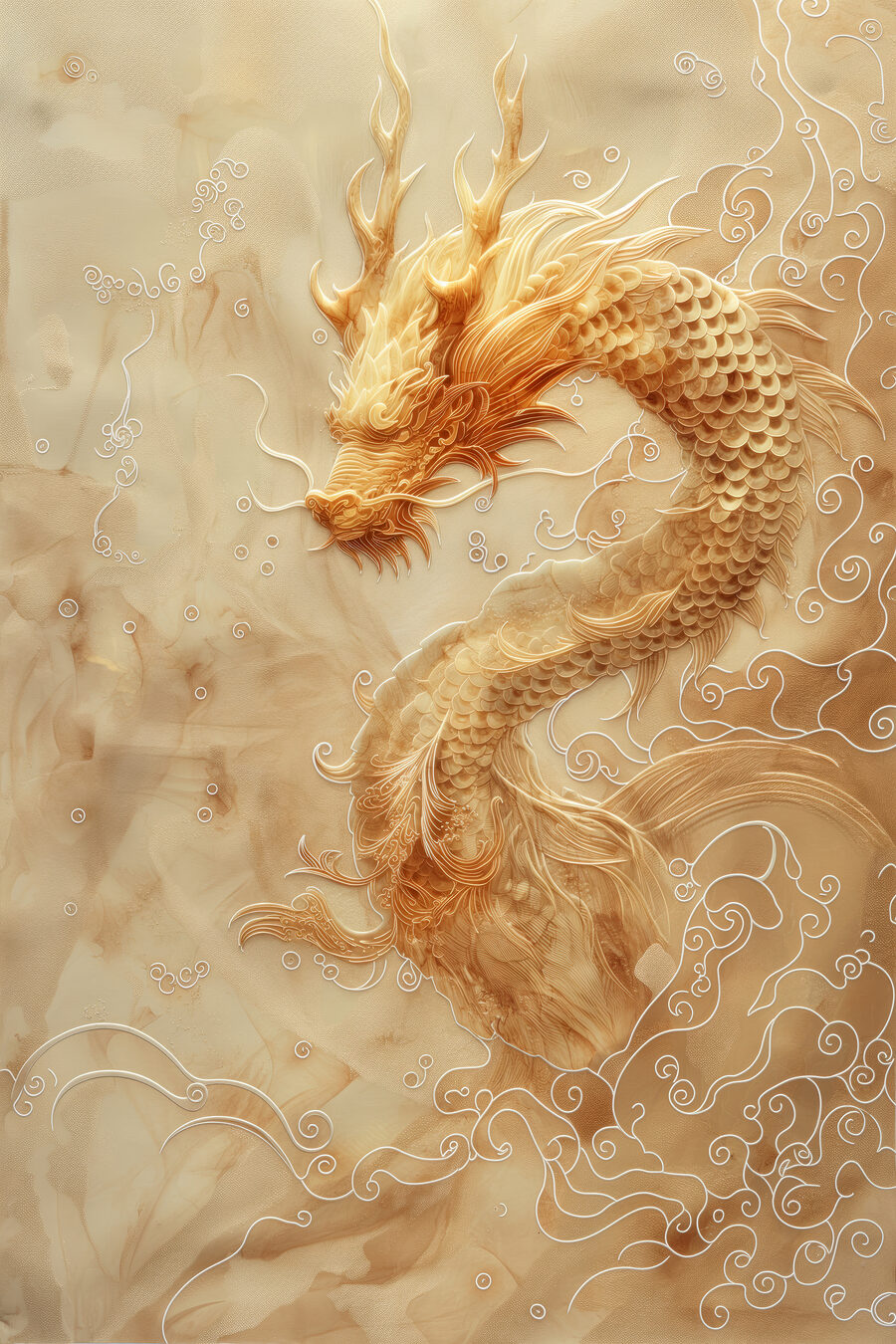 Dragon majestueux dans des nuages tourbillonnants.