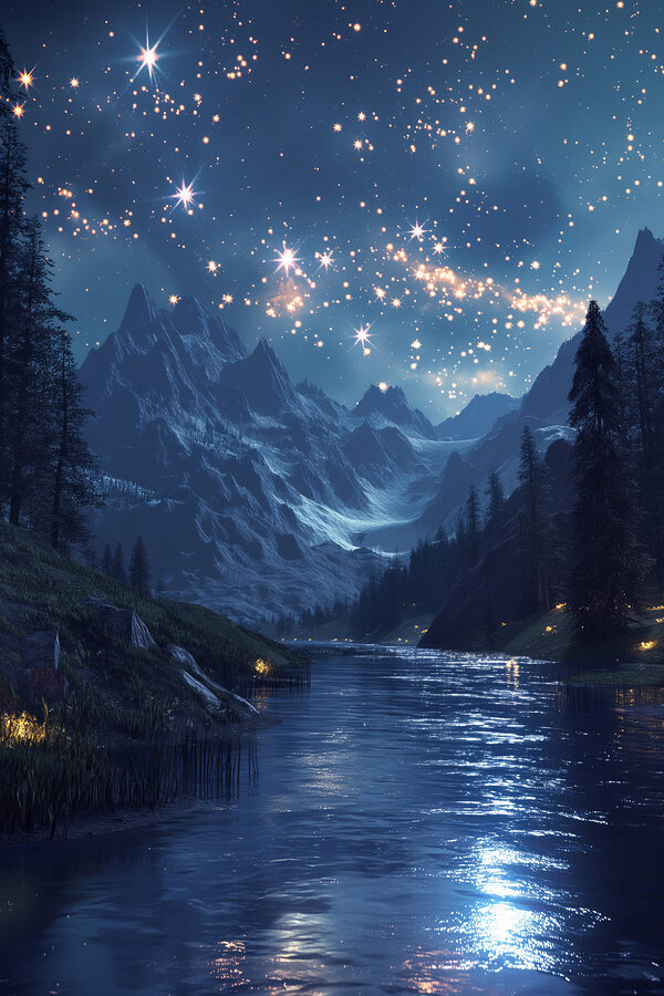 Rivière avec montagne et étoiles dans le ciel Rivière avec montagne et étoiles dans le ciel