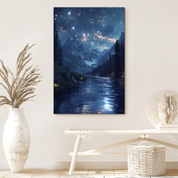 Rivière avec montagne et étoiles dans le ciel Rivière avec montagne et étoiles dans le ciel