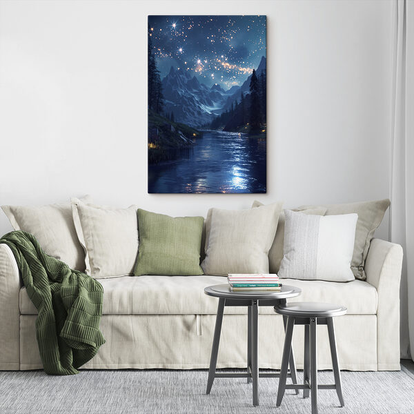 Rivière avec montagne et étoiles dans le ciel Rivière avec montagne et étoiles dans le ciel