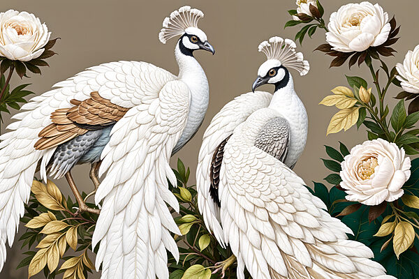 Couple de paons blancs sur une branche avec des fleurs Couple de paons blancs sur une branche avec des fleurs
