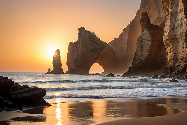 Coucher de soleil sur une plage avec des rochers et de l'eau Coucher de soleil sur une plage avec des rochers et de l'eau