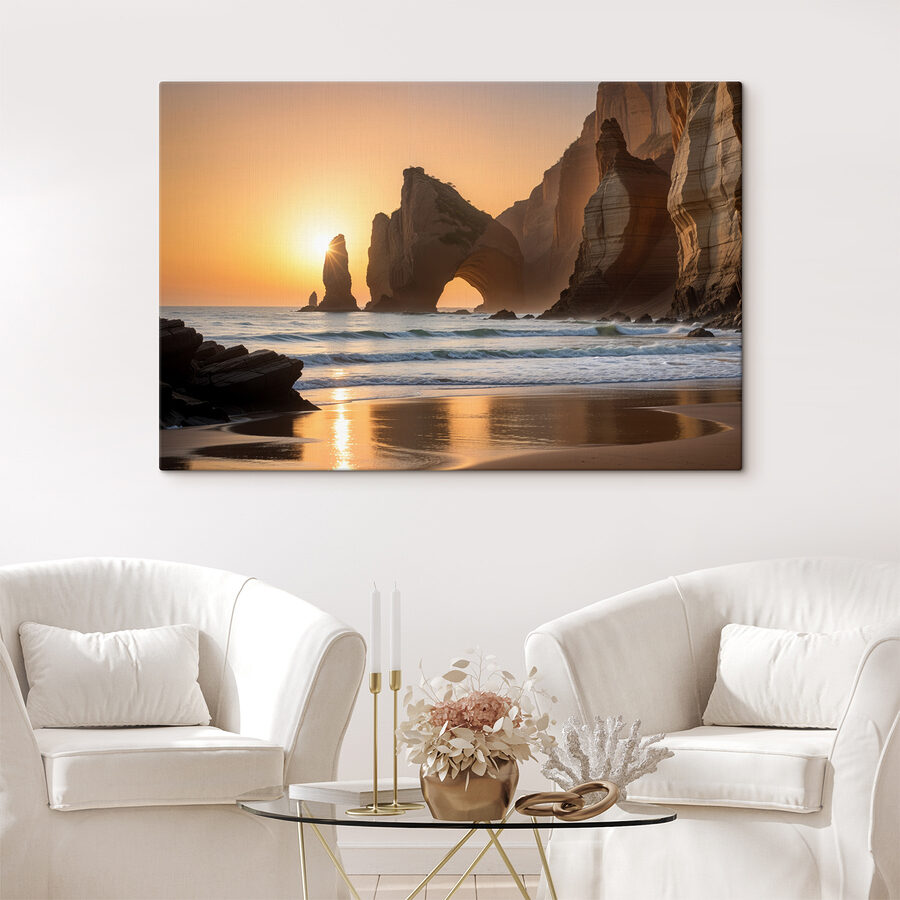 Coucher de soleil sur une plage avec des rochers et de l'eau Coucher de soleil sur une plage avec des rochers et de l'eau