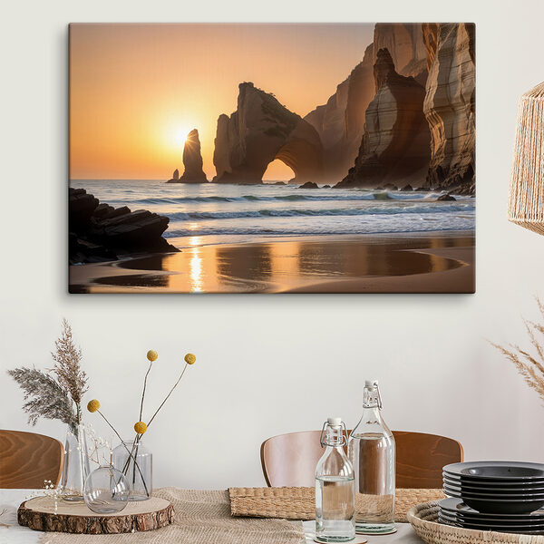 Coucher de soleil sur une plage avec des rochers et de l'eau Coucher de soleil sur une plage avec des rochers et de l'eau