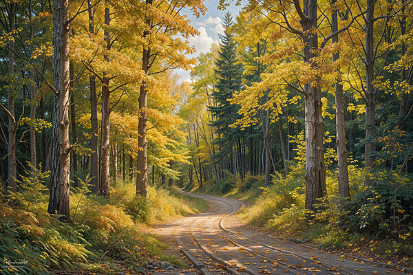 Route à travers une forêt aux feuilles jaunes Route à travers une forêt aux feuilles jaunes