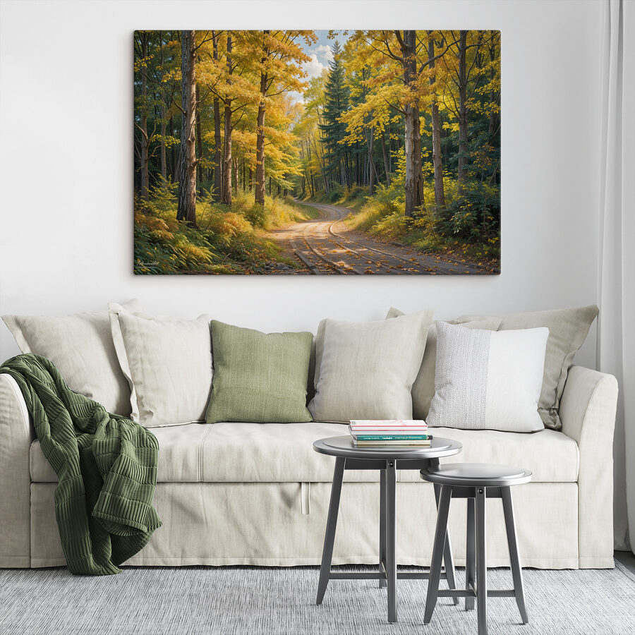 Route à travers une forêt aux feuilles jaunes