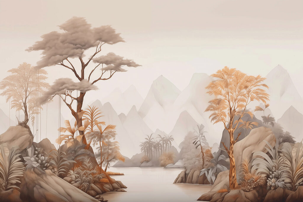 Rivière avec arbres et montagnes Rivière avec arbres et montagnes
