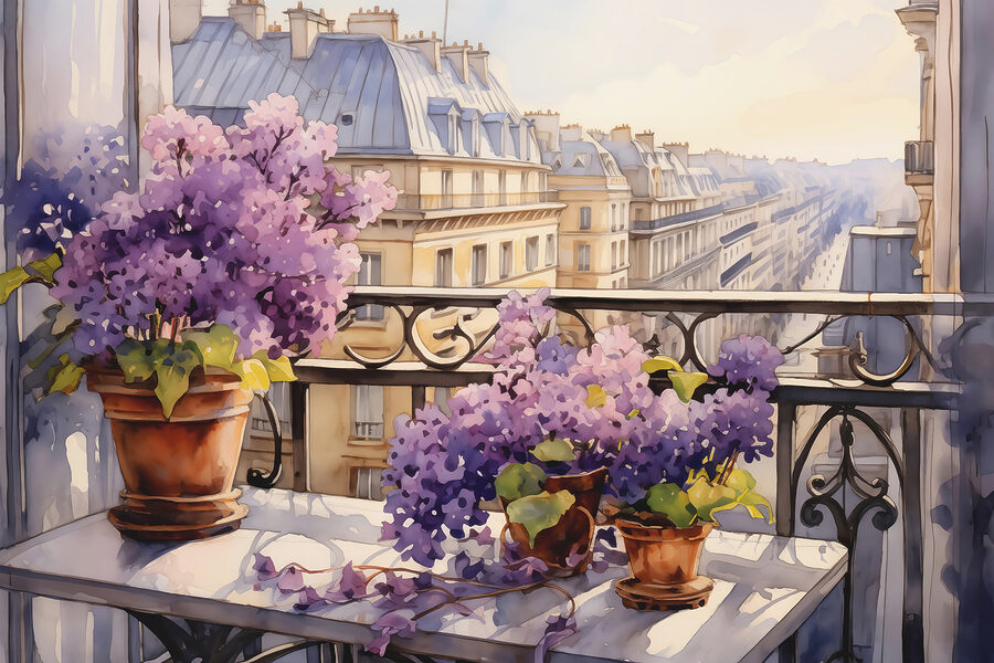 Peinture d'un balcon avec des fleurs violettes