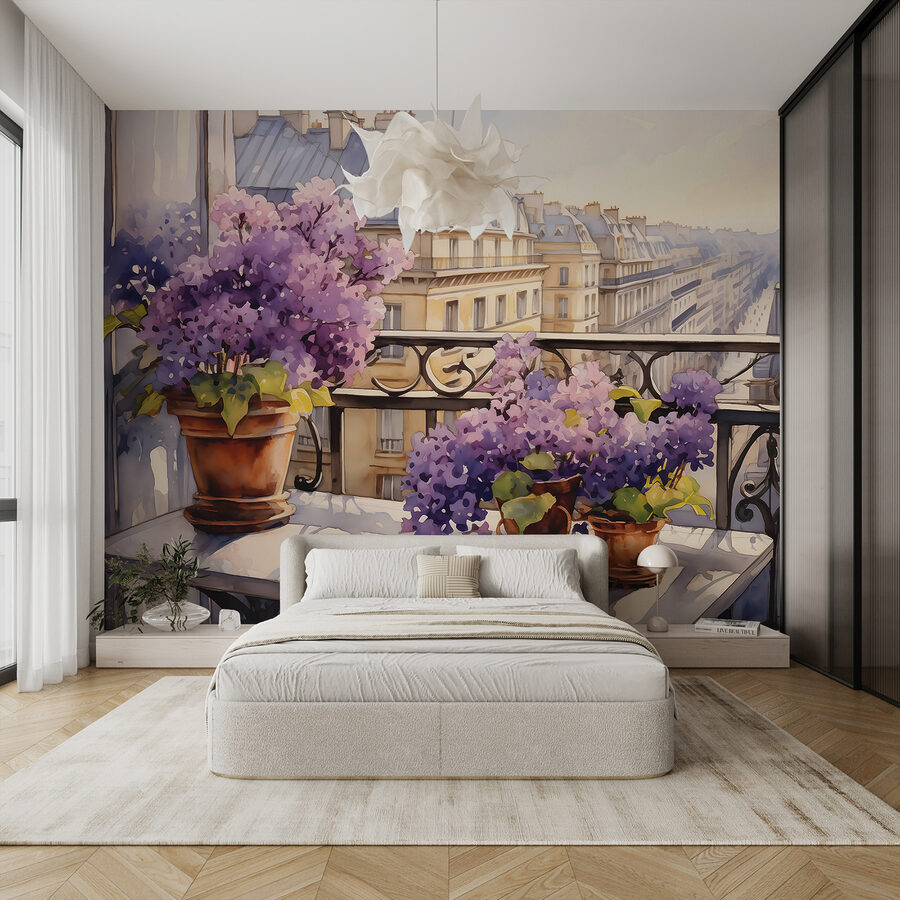 Peinture d'un balcon avec des fleurs violettes