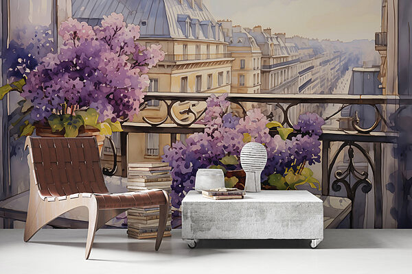 Peinture d'un balcon avec des fleurs violettes Peinture d'un balcon avec des fleurs violettes