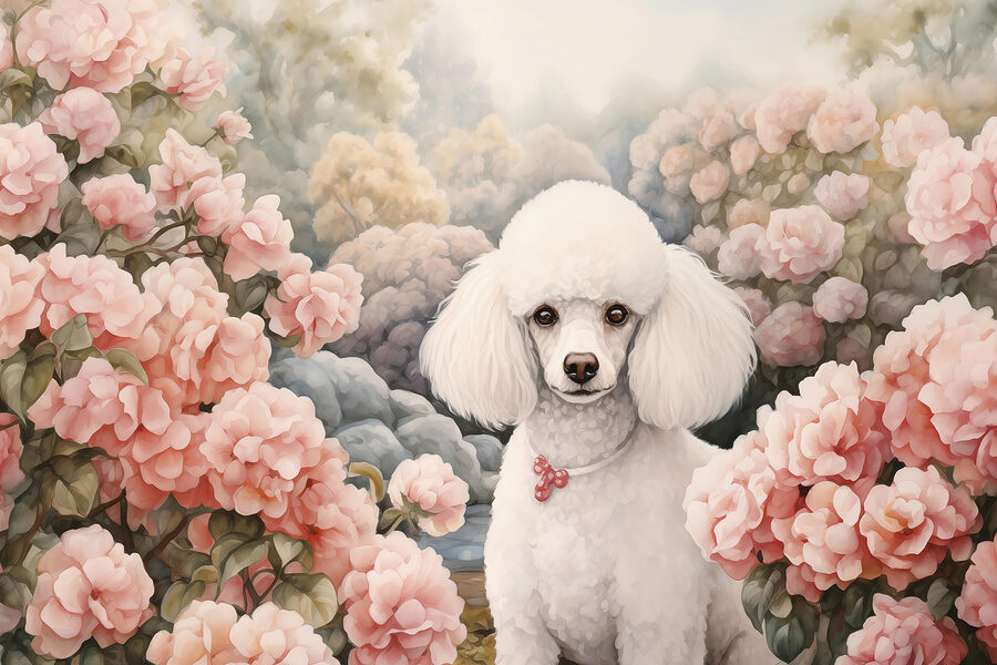 Chien blanc dans un jardin de fleurs roses