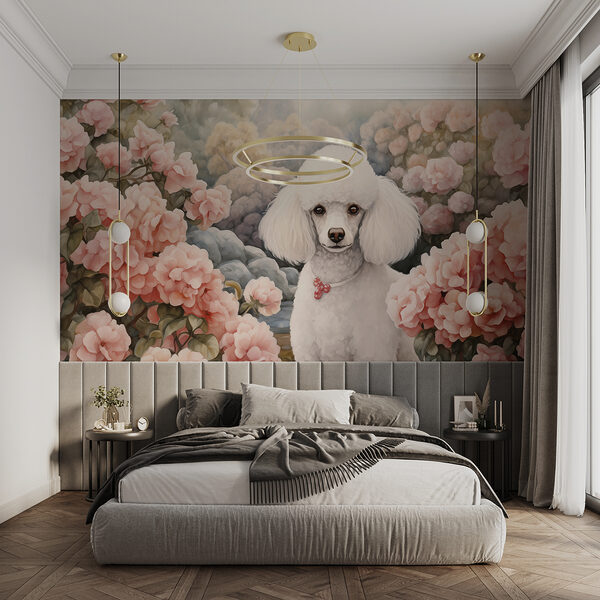 Chien blanc dans un jardin de fleurs roses Chien blanc dans un jardin de fleurs roses