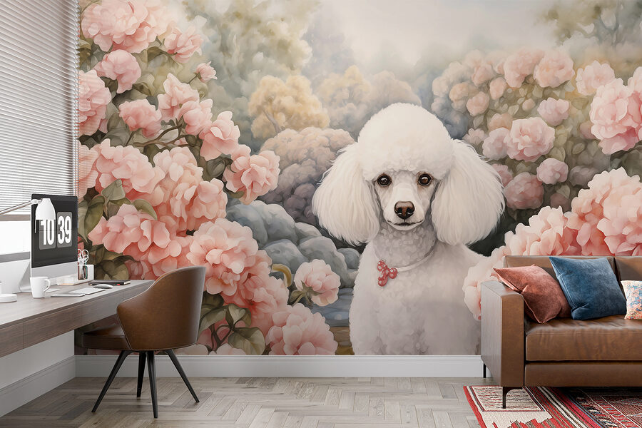 Chien blanc dans un jardin de fleurs roses