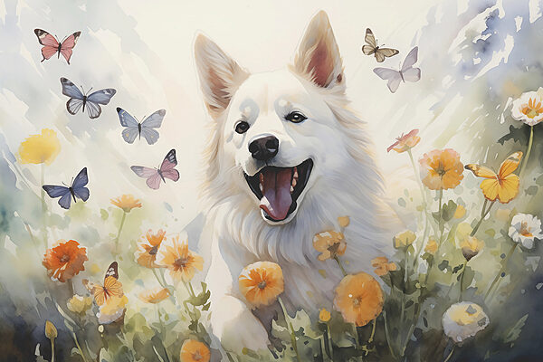 Chien blanc avec des papillons autour de lui Chien blanc avec des papillons autour de lui