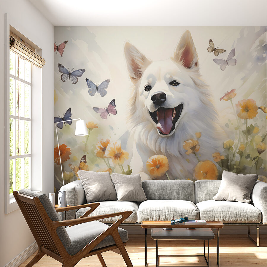Chien blanc avec des papillons autour de lui