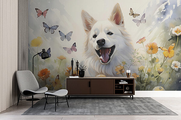 Chien blanc avec des papillons autour de lui Chien blanc avec des papillons autour de lui