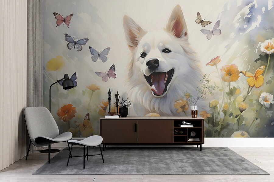 Chien blanc avec des papillons autour de lui