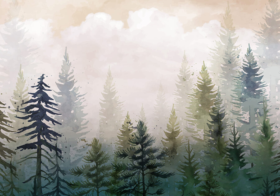 Peinture d'arbres dans le brouillard