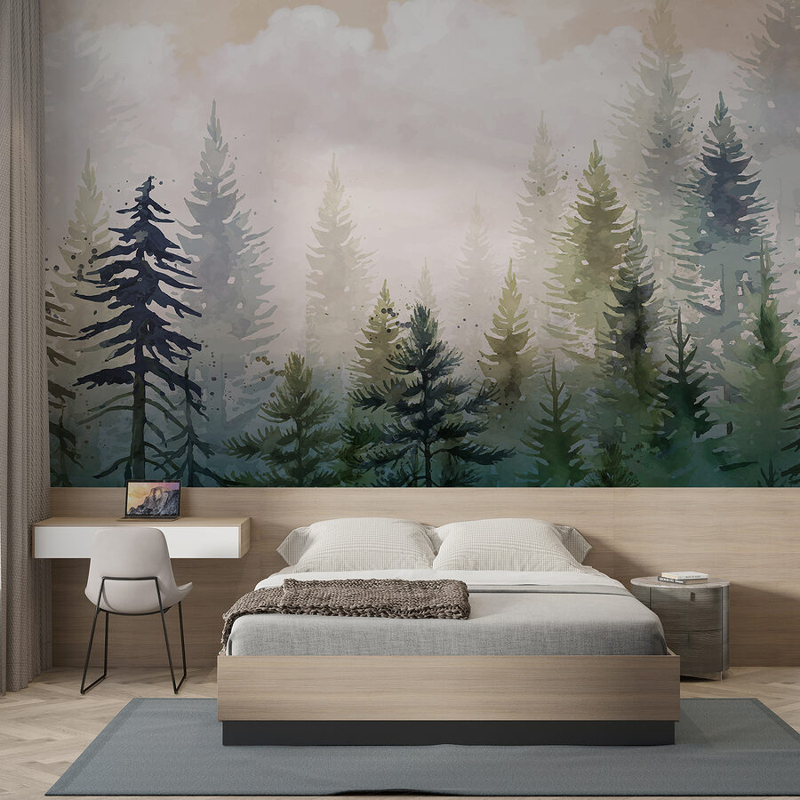 Peinture d'arbres dans le brouillard