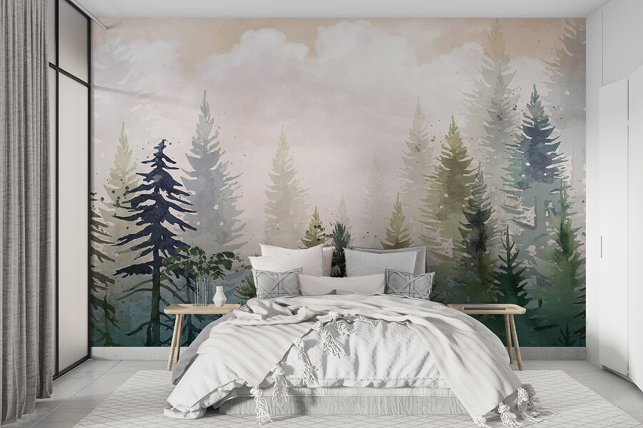 Peinture d'arbres dans le brouillard