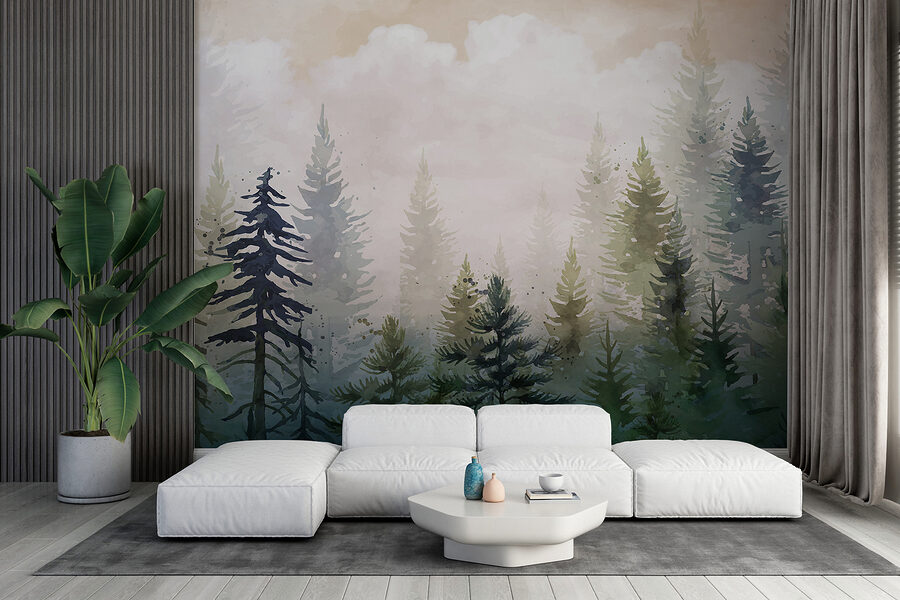 Peinture d'arbres dans le brouillard