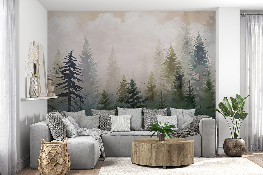 Peinture d'arbres dans le brouillard