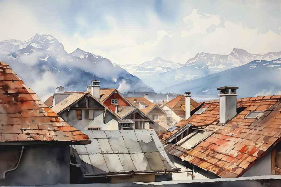 Groupe de maisons avec toits et montagnes en arrière-plan