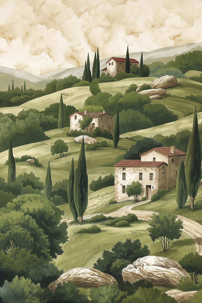 Painting of a landscape with houses and trees