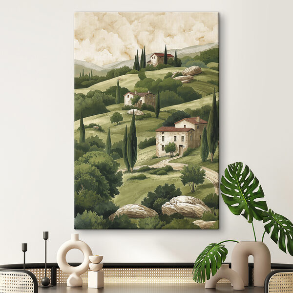 Peinture d'un paysage avec des maisons et des arbres Peinture d'un paysage avec des maisons et des arbres