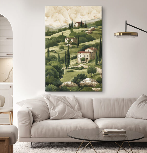 Peinture d'un paysage avec des maisons et des arbres Peinture d'un paysage avec des maisons et des arbres