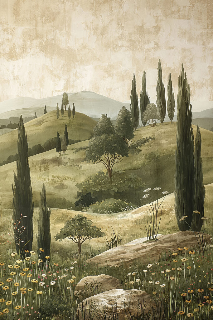 Painting of a landscape with trees and hills Painting of a landscape with trees and hills