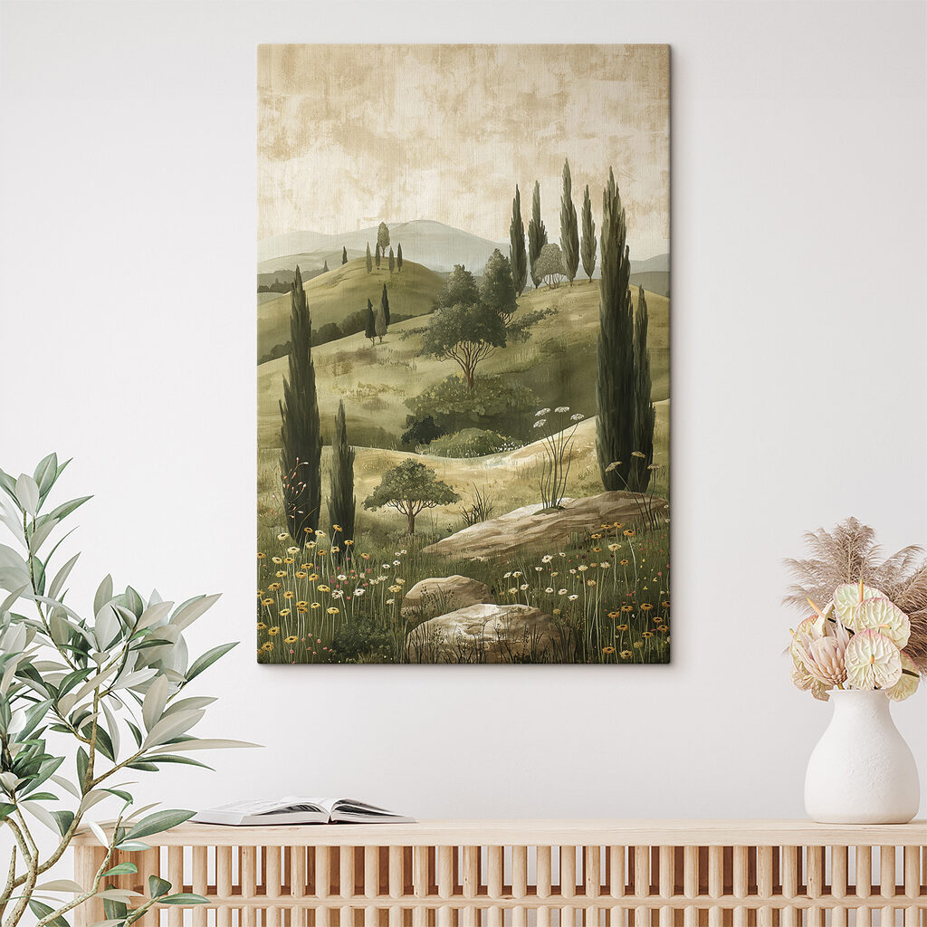 Painting of a landscape with trees and hills Painting of a landscape with trees and hills